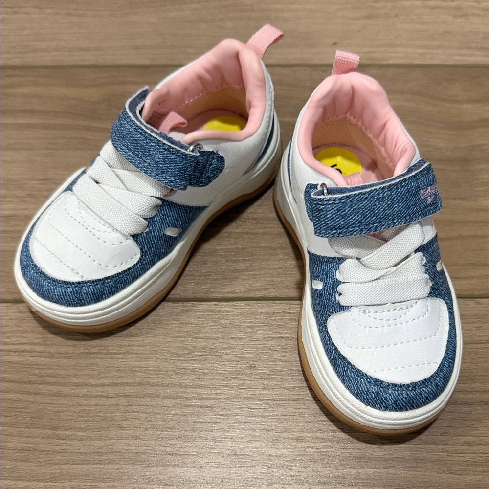 Kids Denim-Look White & Pink Sneakers